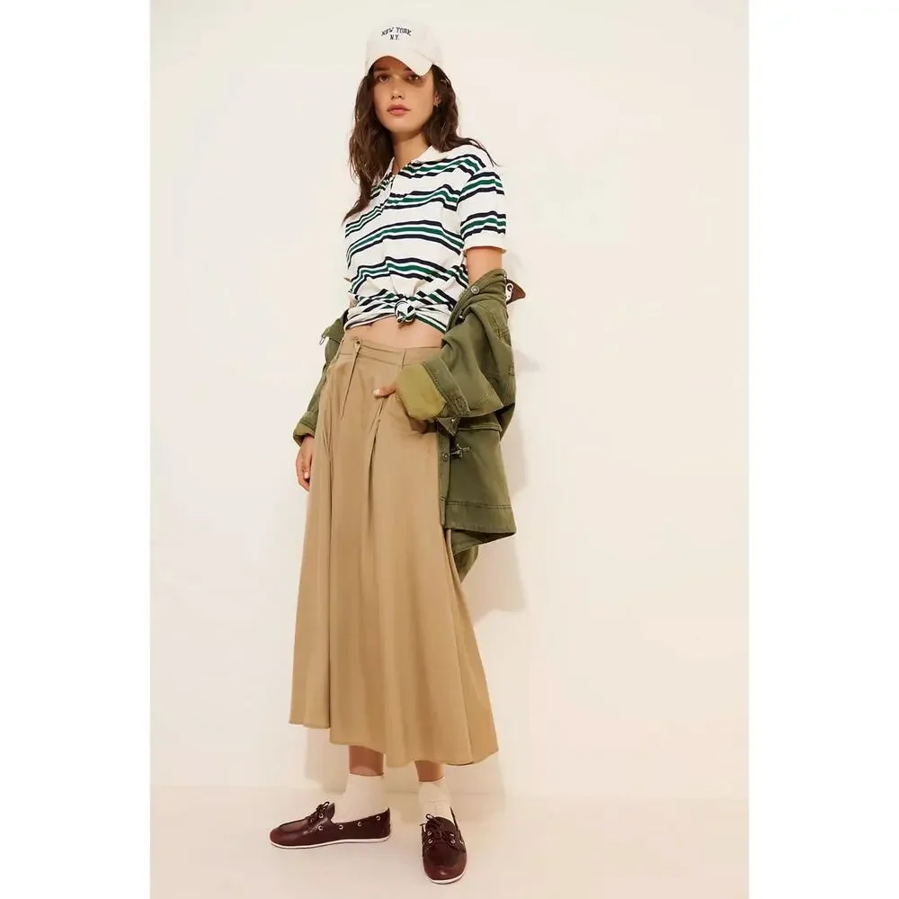 Free People All Around Midi Maxi Full Skirt Olive Tan Khaki Size Large Neutral